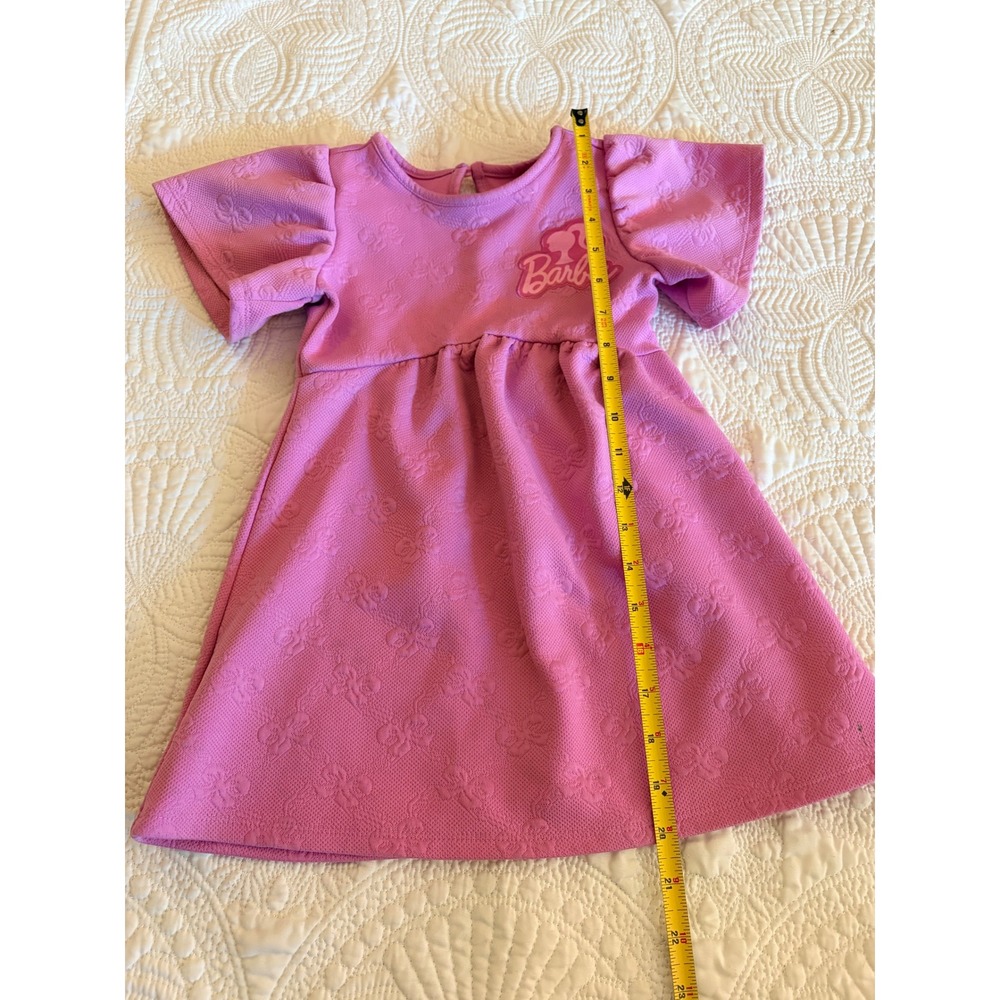 Barbie Girls Pink Embossed Bow Flutter Sleeve Dress Size 3T Logo Patch - Picture 3 of 11